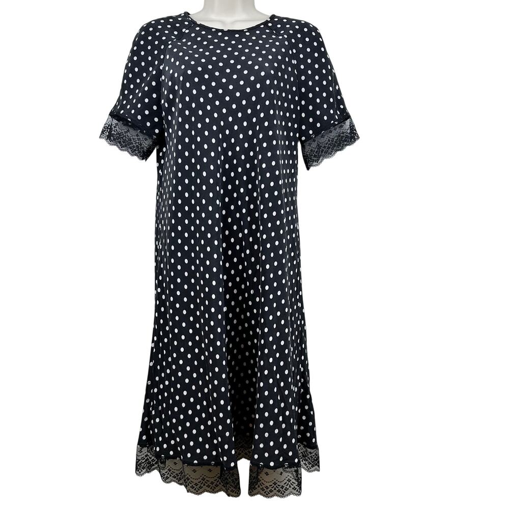 Vintage Adrianna Papell Silk Polka Dot Dress Lace Trim Short Sleeve 6 Rockabilly